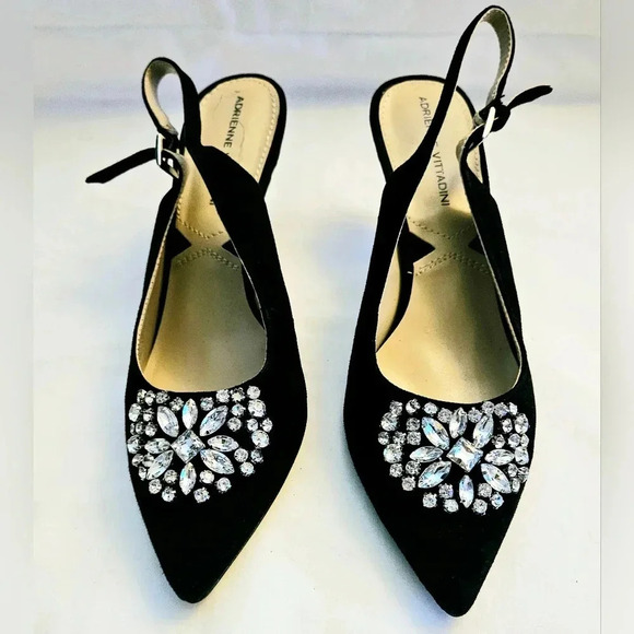 Adrienne Vittadini  Fine Leather Rinestone Black Suede Back Buckle Heel Shoe sz7 - Picture 3 of 11